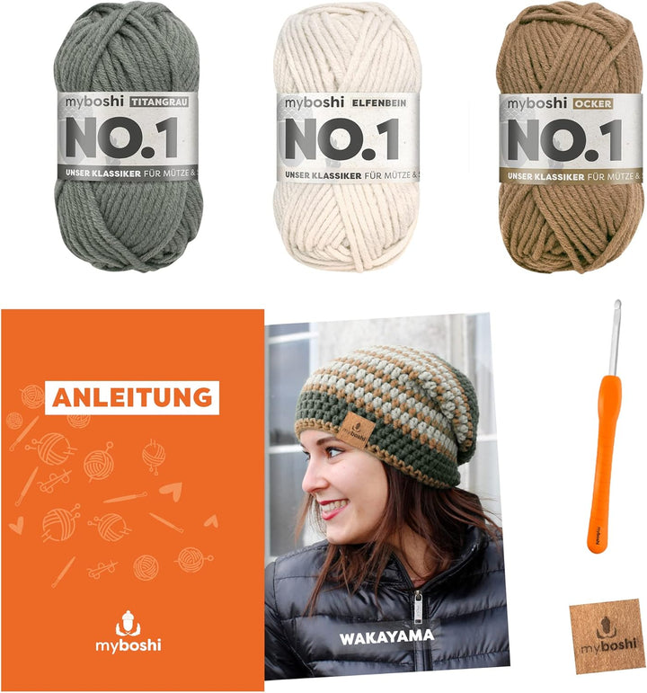 myboshi Häkelset Beanie Wakayama, Häkelset für Anfänger, inkl. No.1 Wolle, Nadel und Anleitung, Labe
