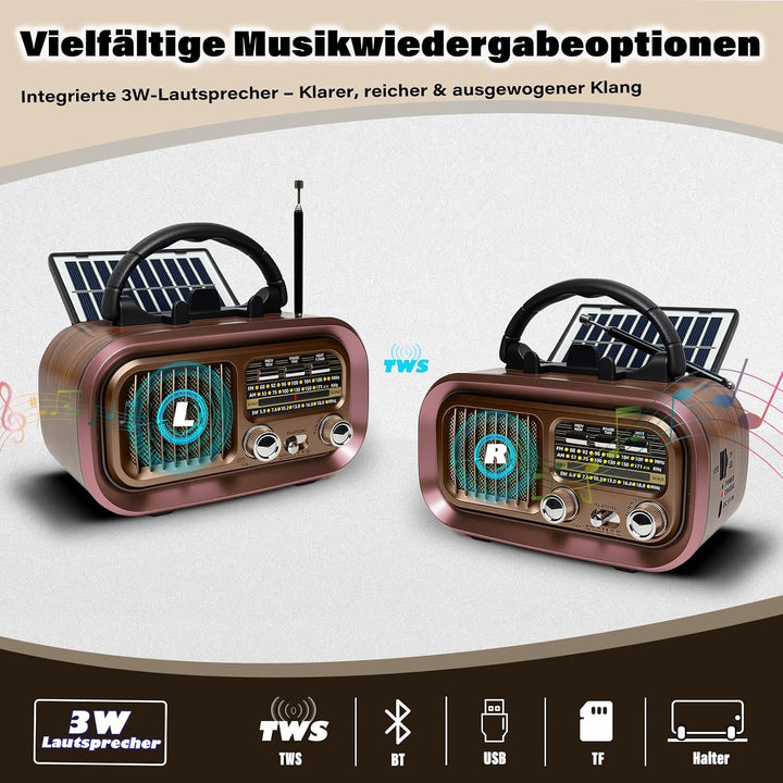 Retro Radio mit mit Solarzelle, AM/FM/SW Klein Radio Batteriebetrieben und Küchenausführung 1200mAh
