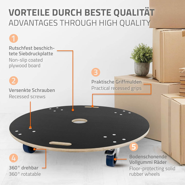ECD Germany Transportroller rund Ø87x14,5 cm mit Siebdruckplatte und 2 gebremsten Rollen, 800kg Trag