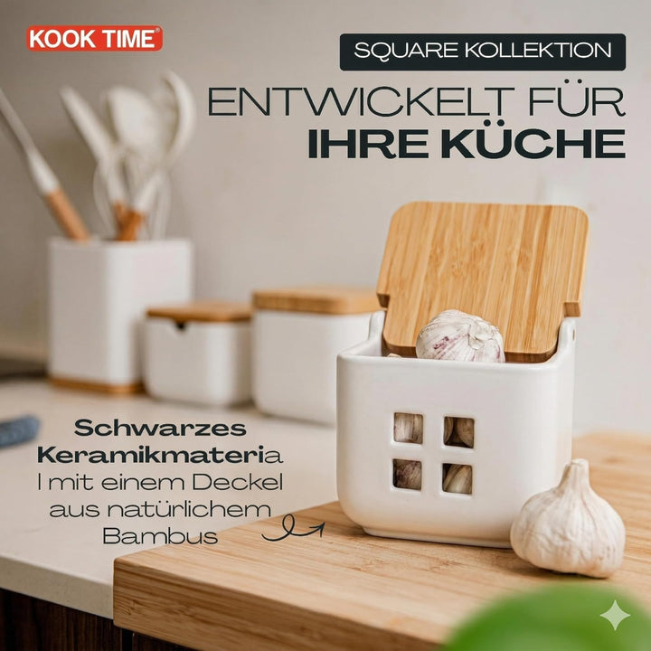 KOOK TIME Knoblauch Dose - Matt Weiss Keramik Knoblauchtopf mit Bambusholz Deckel, Perfekte Knoblauc