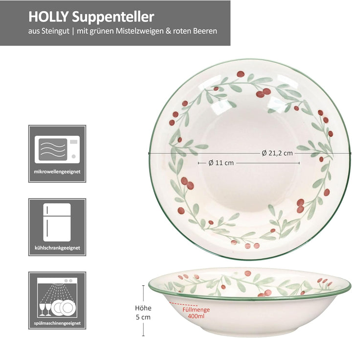 MamboCat 6er Set Holly Suppenteller I 400ml I tiefer Steingut-Teller für 6 Personen mit Mistelzweige