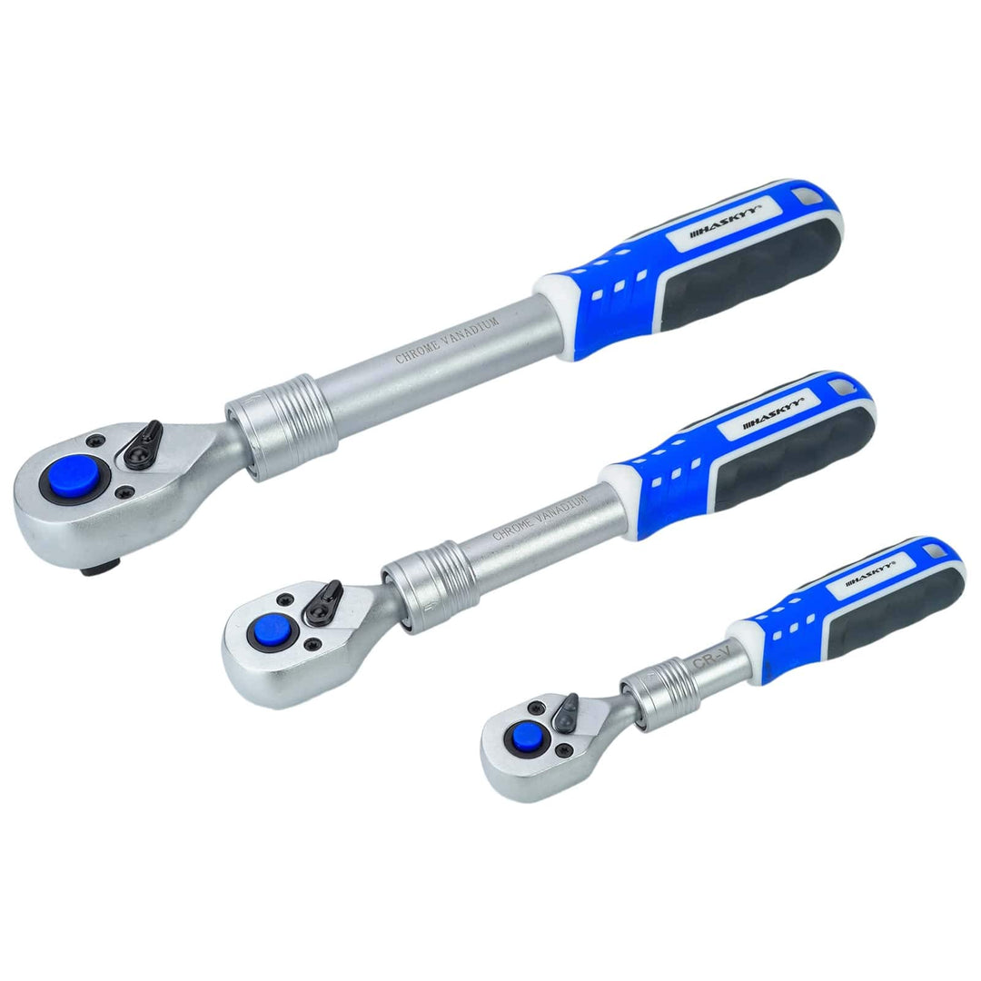 HASKYY | 1/2" + 3/8" + 1/4" | Teleskop-Ratsche-Knarre-Set I Umschaltknarre ausziehbar | feinverzahnt