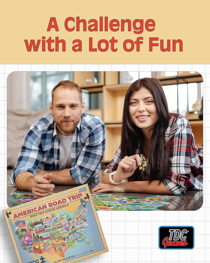 TDC Games US Map Puzzle Great American Roadtrip with Individual States, 1000 Piece Jigsaw Puzzle for