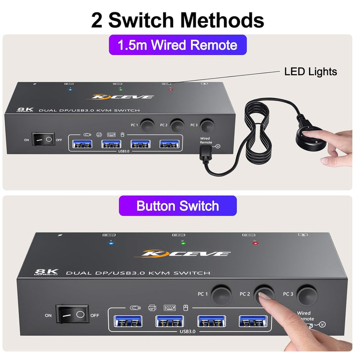 USB 3.0 KVM Switch 3 PC 2 Monitore Displayport 4K@144Hz, KVM Switch Dual Monitor Displayport 1.4 für