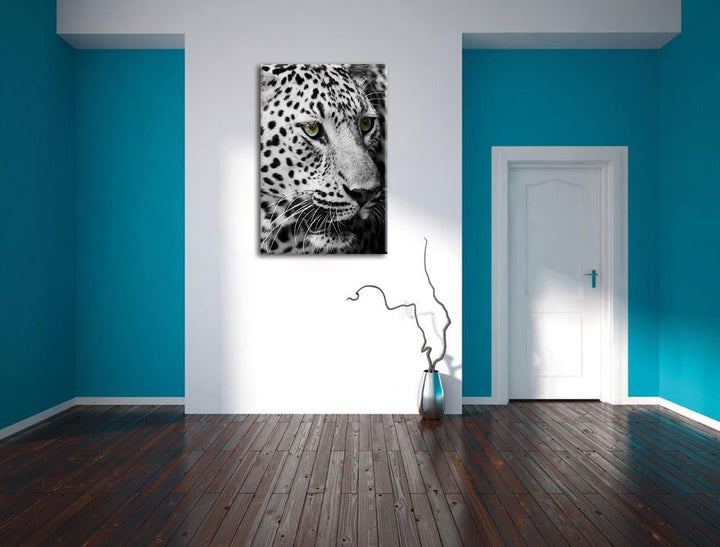Pixxprint Dark Leopard mit grünen Augen als Leinwandbild/Grösse: 120x80 cm/Wandbild/Kunstdruck/ferti