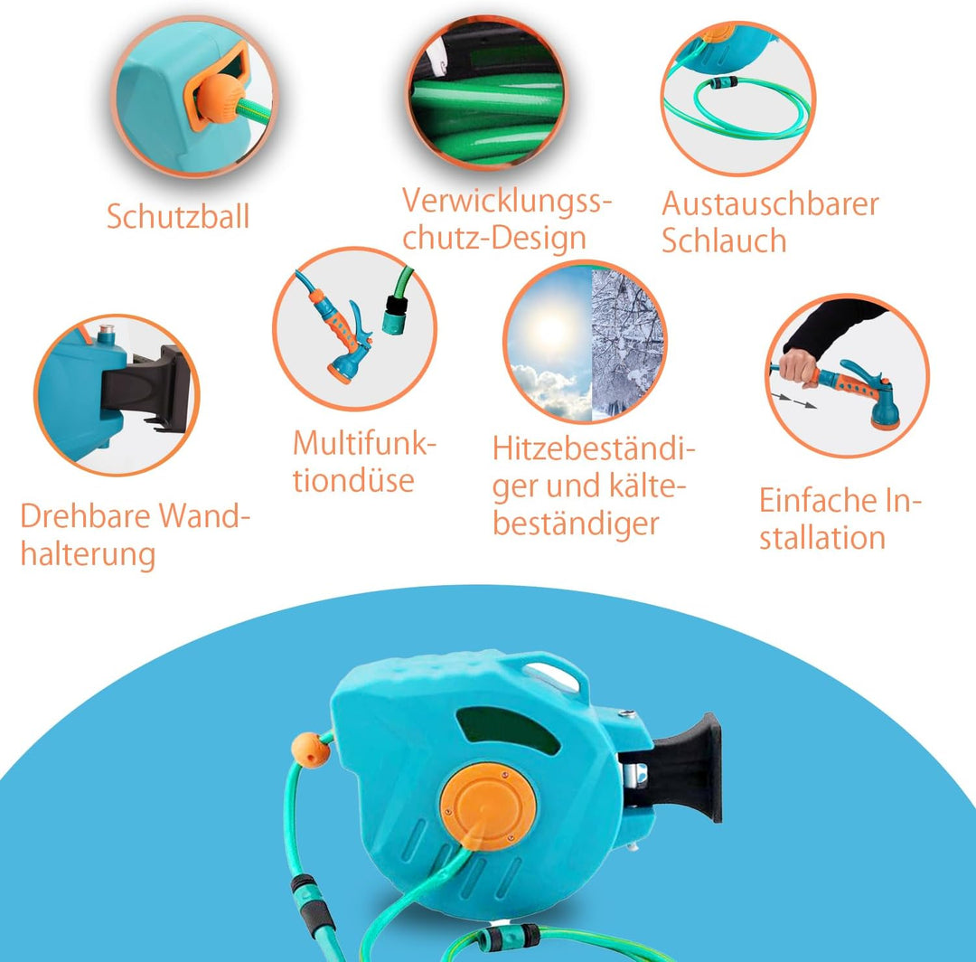 Kurflo Wand-Schlauchtrommel 20 m, Tragbare Schlauchtrommel, Automatischer Rückzug, mit Multifunktion