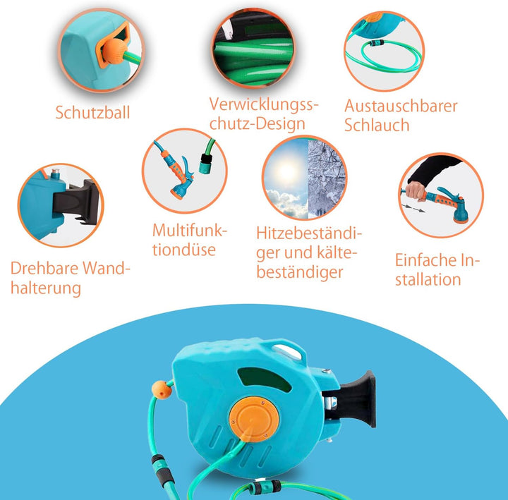 Kurflo Wand-Schlauchtrommel 20 m, Tragbare Schlauchtrommel, Automatischer Rückzug, mit Multifunktion