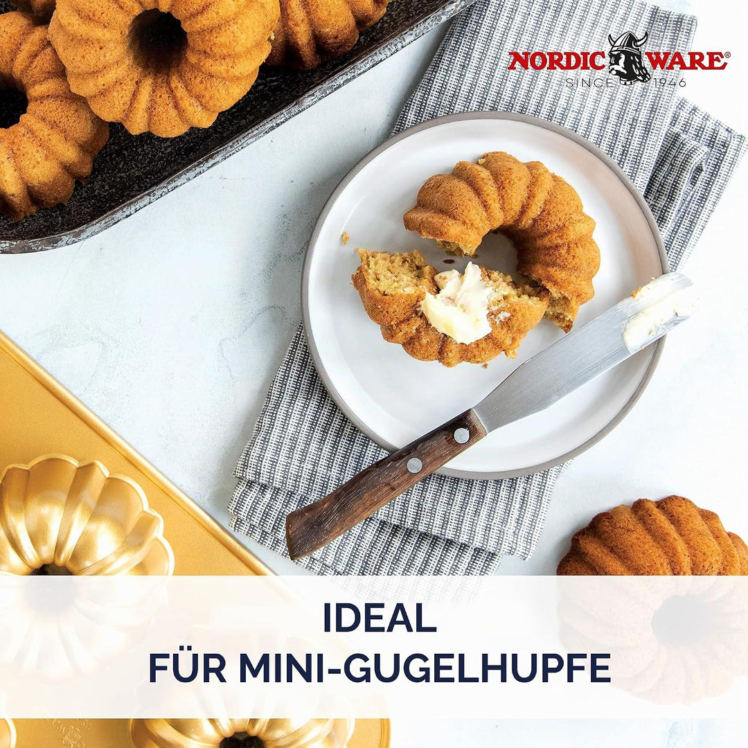 NordicWare Backform - Kuchenform - Minikuchen - Anniversary Bundtlette, Aluminium, Gold, 21,8 x 32,8