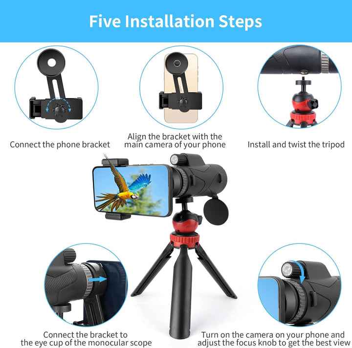 GOHHME 12 X 50 HD Monokular Teleskop, Monokulare Fernrohr Erwachsene mit Smartphone-Halter und Upgra