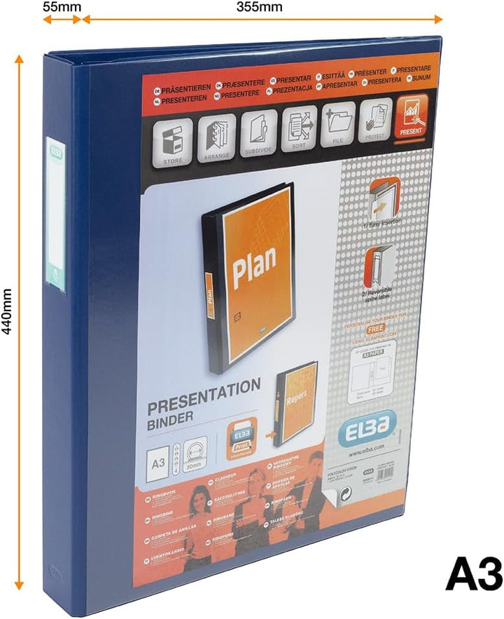 Elba Ringmappe PVC hochkant, 4 D-Ringe, 30 mm Kapazität, A3, 1 Stück, blau 1 blau, 1 blau