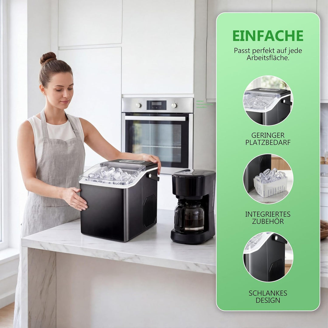 Eiswürfelmaschine Klein 15kg/24h mit Sichtfenster, Eiswürfel in 6-10 Minuten mit Griff, Eisschaufel
