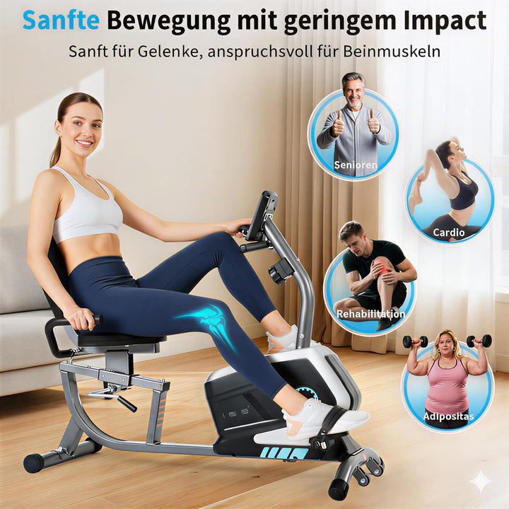 ISE Ergometer Liege- Heimtrainer mit Magnetbremse, Pulssensoren und LCD-Display, 8 Widerstandsstufen