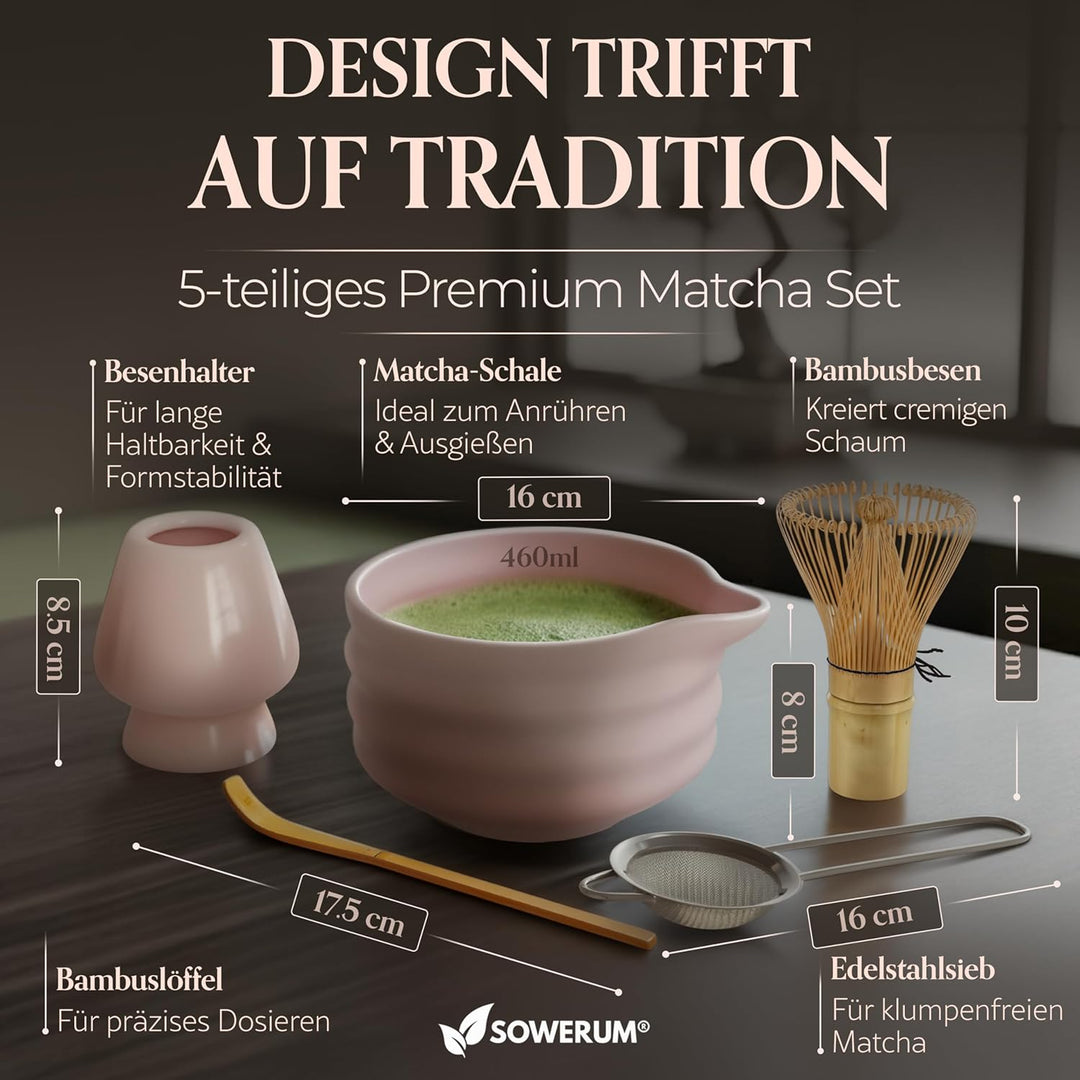 Matcha Set Rosa 5-teilig Schale mit Ausgiesser und [EXTRA ROBUSTEM] Matchabesen Spülmaschinenfest Ma