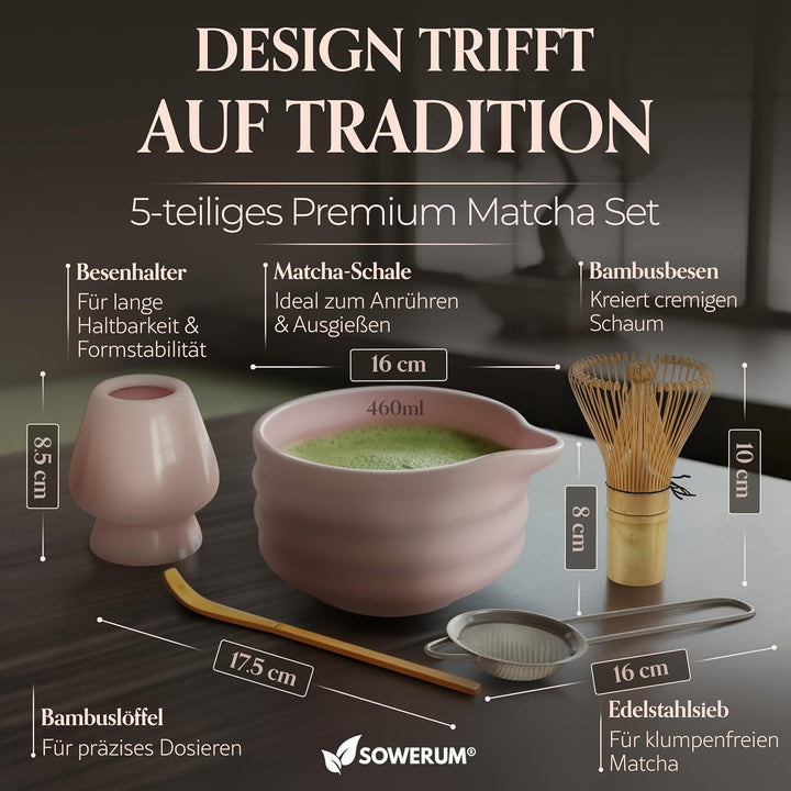 Matcha Set Rosa 5-teilig Schale mit Ausgiesser und [EXTRA ROBUSTEM] Matchabesen Spülmaschinenfest Ma