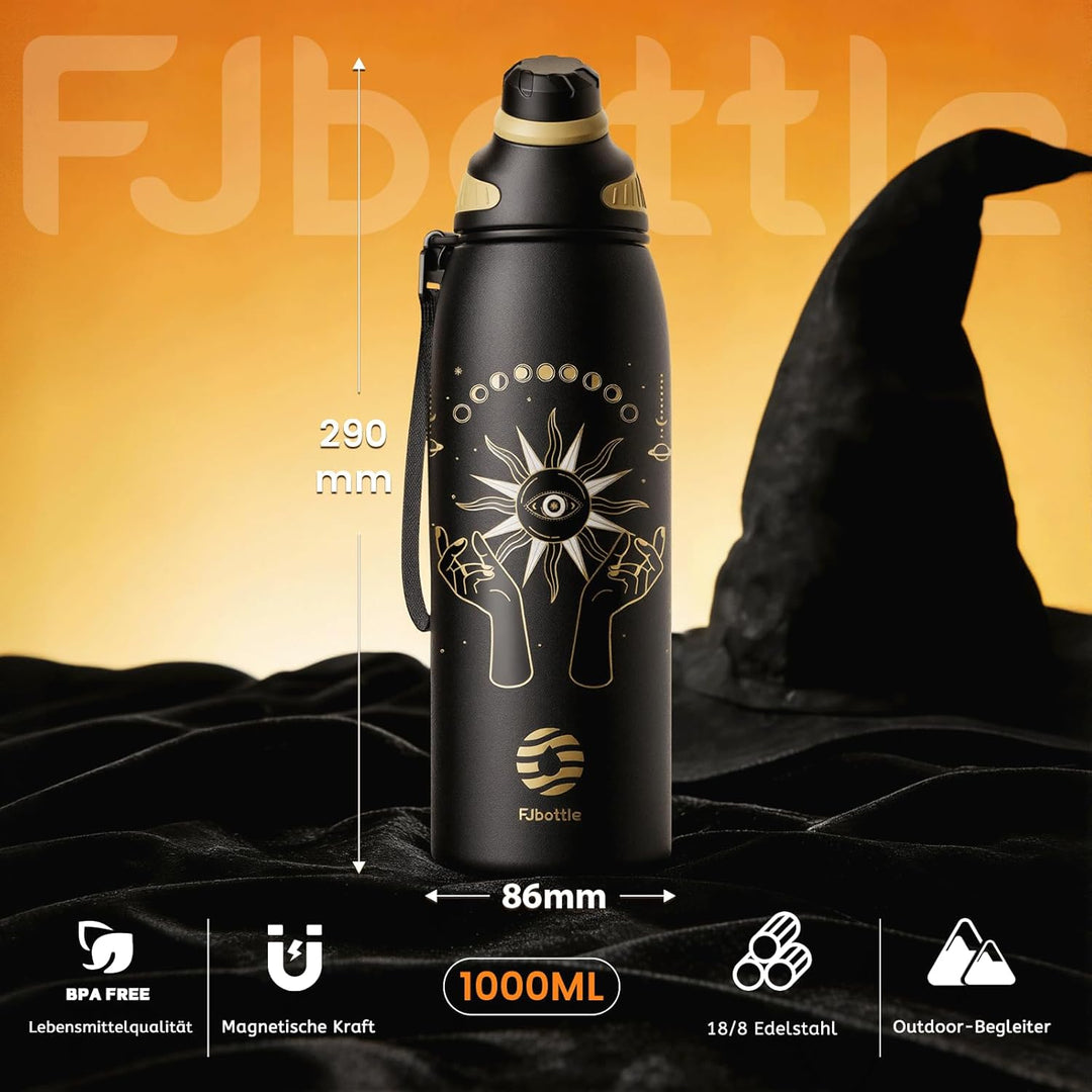 Fjbottle Trinkflasche Edelstahl Sport mit Magnetischem Deckel 1000ml, BPA-Frei Auslaufsichere Flasch