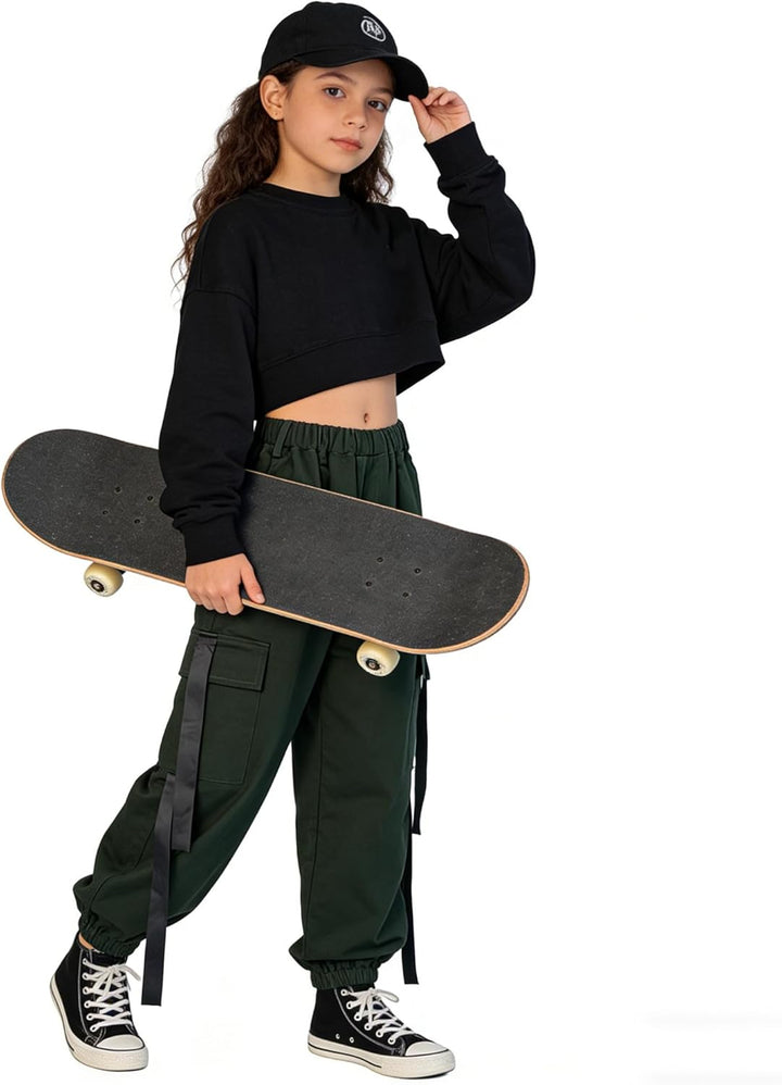 Rolanko Kinder Cargo Hose Elastische Taille Jogger Tanz Hose für Mädchen Streetwear Hip Hop Dunkel G