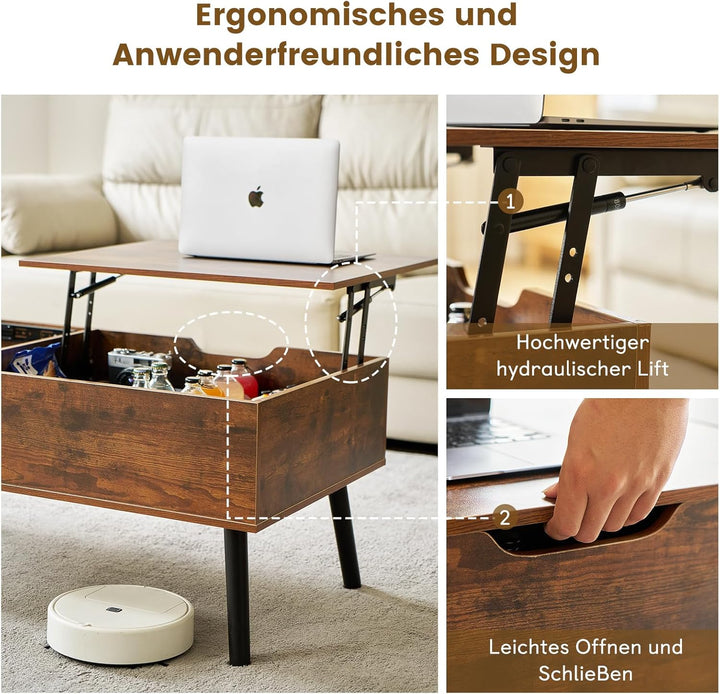 JanflyHome Couchtisch Höhenverstellbar, Couchtisch mit Stauraum, Schiebeplatte, 2 Separates Versteck