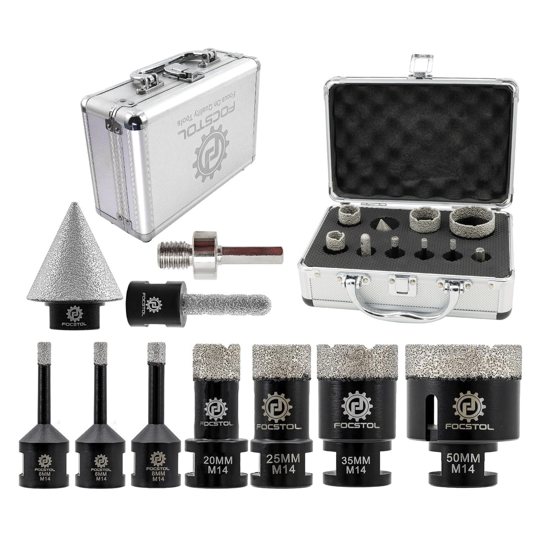 FOCSTOL Diamant Fliesenbohrer Set - 6/6/8/20/25/35/50mm+10mm Fingerfräser+35mm Fasenbohrer+Sechskant