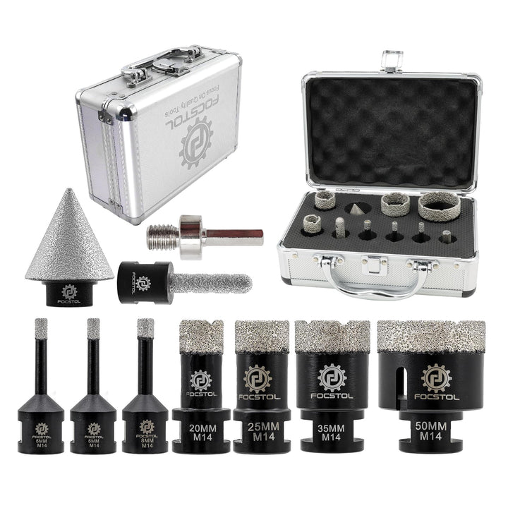 FOCSTOL Diamant Fliesenbohrer Set - 6/6/8/20/25/35/50mm+10mm Fingerfräser+35mm Fasenbohrer+Sechskant