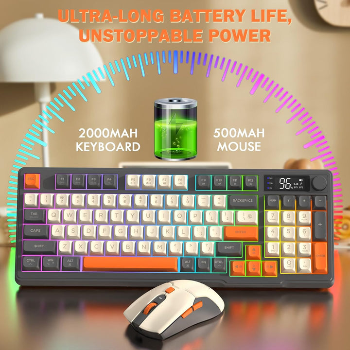 FREEWOLF T96 Kabellose Tastatur und Maus, Bluetooth & 2.4G, PBT-Tastenkappen, Medienrad, Display, Le