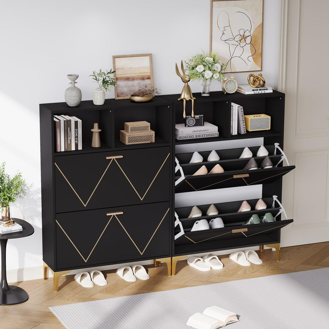 ModernLuxe Schuhschrank Schwarz mit 2 Klapptüren, 4-Fächer Schuhkommode 80×25×117 cm mit Halboffenen