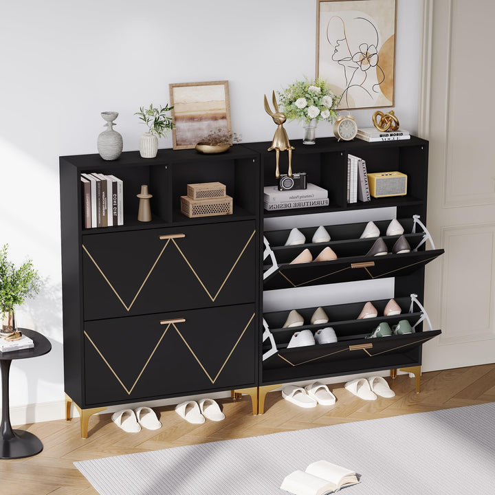 ModernLuxe Schuhschrank Schwarz mit 2 Klapptüren, 4-Fächer Schuhkommode 80×25×117 cm mit Halboffenen