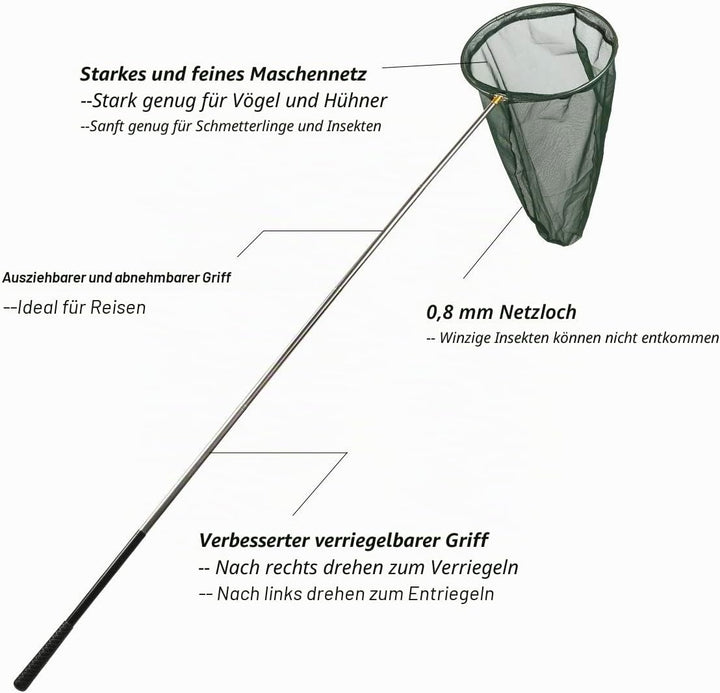 RESTCLOUD Professionelles Insekten- und Schmetterlingsnetz mit 35,6 cm Ring, 66 m Netztiefe, 150 cm