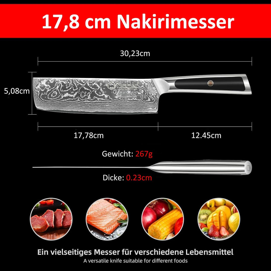 Sunnecko Damascus Küchenmesser 7 Zoll Hackmesser VG-10 Edelstahl Hackmesser mit solidem Griff Nakiri
