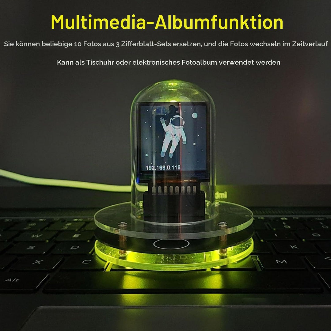 WiFi Nixie Röhren Uhr, Digital, 12/24 Stunden Anzeige, Wetteranzeige, IPS Display, Quarzglas