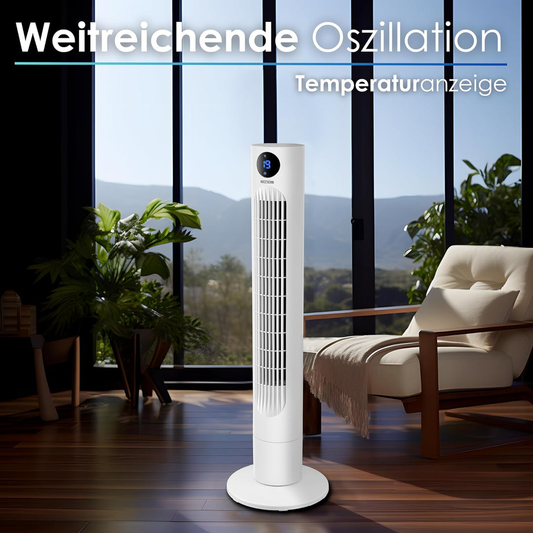 Echos Turmventilator | Ventilator sehr leise | Fernbedienung | Oszillierend | LED-Display | 3 Stufen