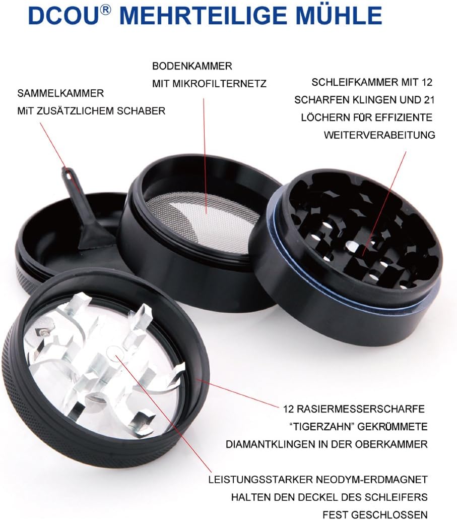 DCOU Handkurbel Premium Mühle unzerbrechlich CNC Aluminium Metall Mahler Schleifer 4 Teile Ø55mm Sch