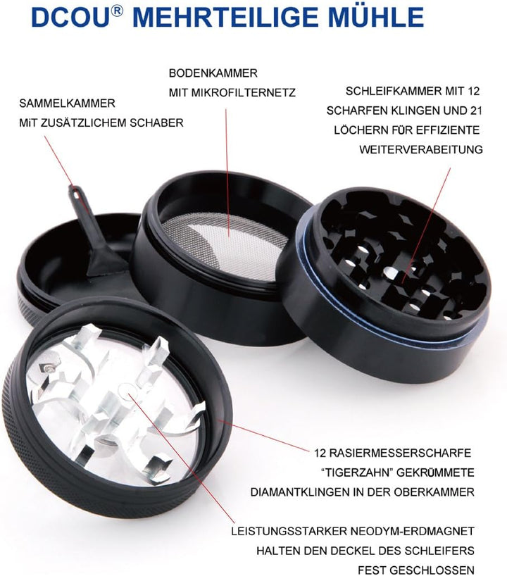 DCOU Handkurbel Premium Mühle unzerbrechlich CNC Aluminium Metall Mahler Schleifer 4 Teile Ø55mm Sch