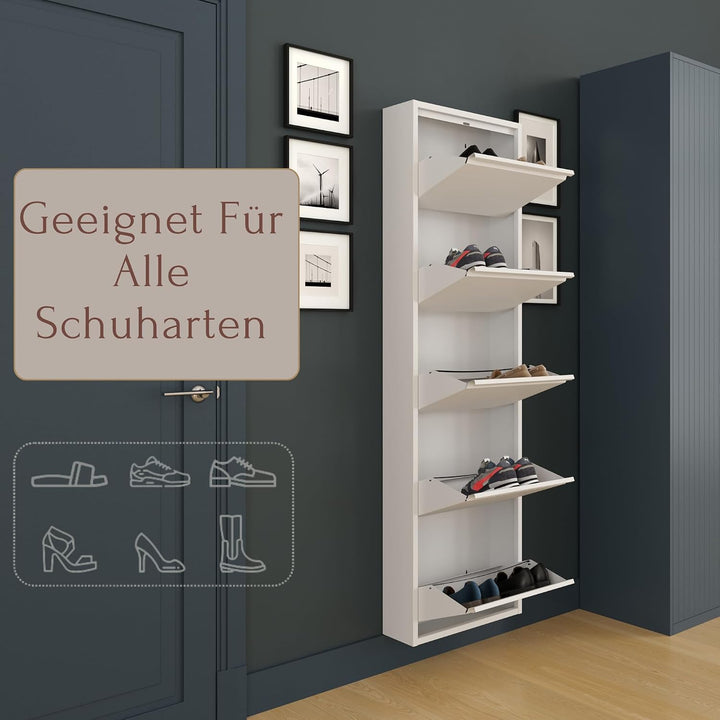 furni24 Schuhschrank, 5 Klappen, Metall, 10–14 Paar, wandmontierbar, vormontiert – Weiss 5 Klappen W