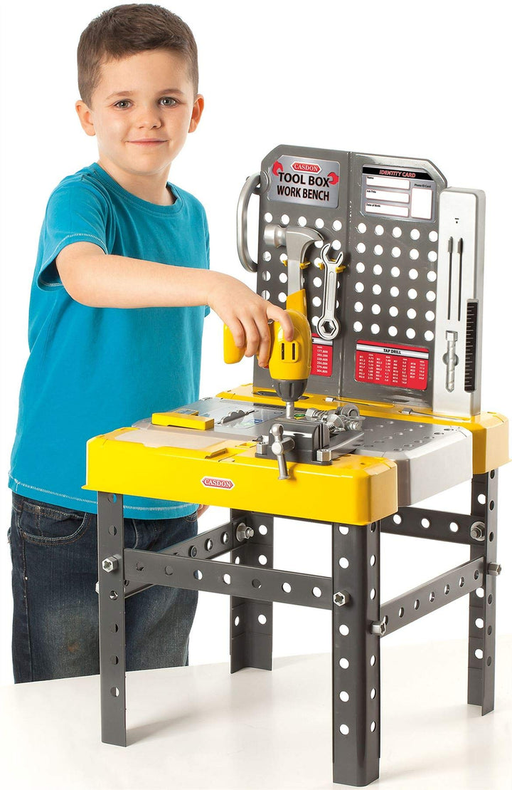 Casdon Tool Box Workbench, 2-In-1 Tool Box &amp; Workbench for Children Aged 3+, Includes Over 60 Tools