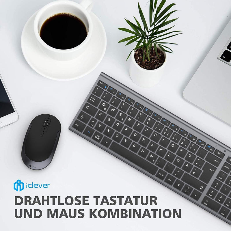 iClever GK03 2.4G Tastatur Maus Set Kabellos, Aluminium Wireless Slim Tastatur QWERTZ Layout (Deutsc