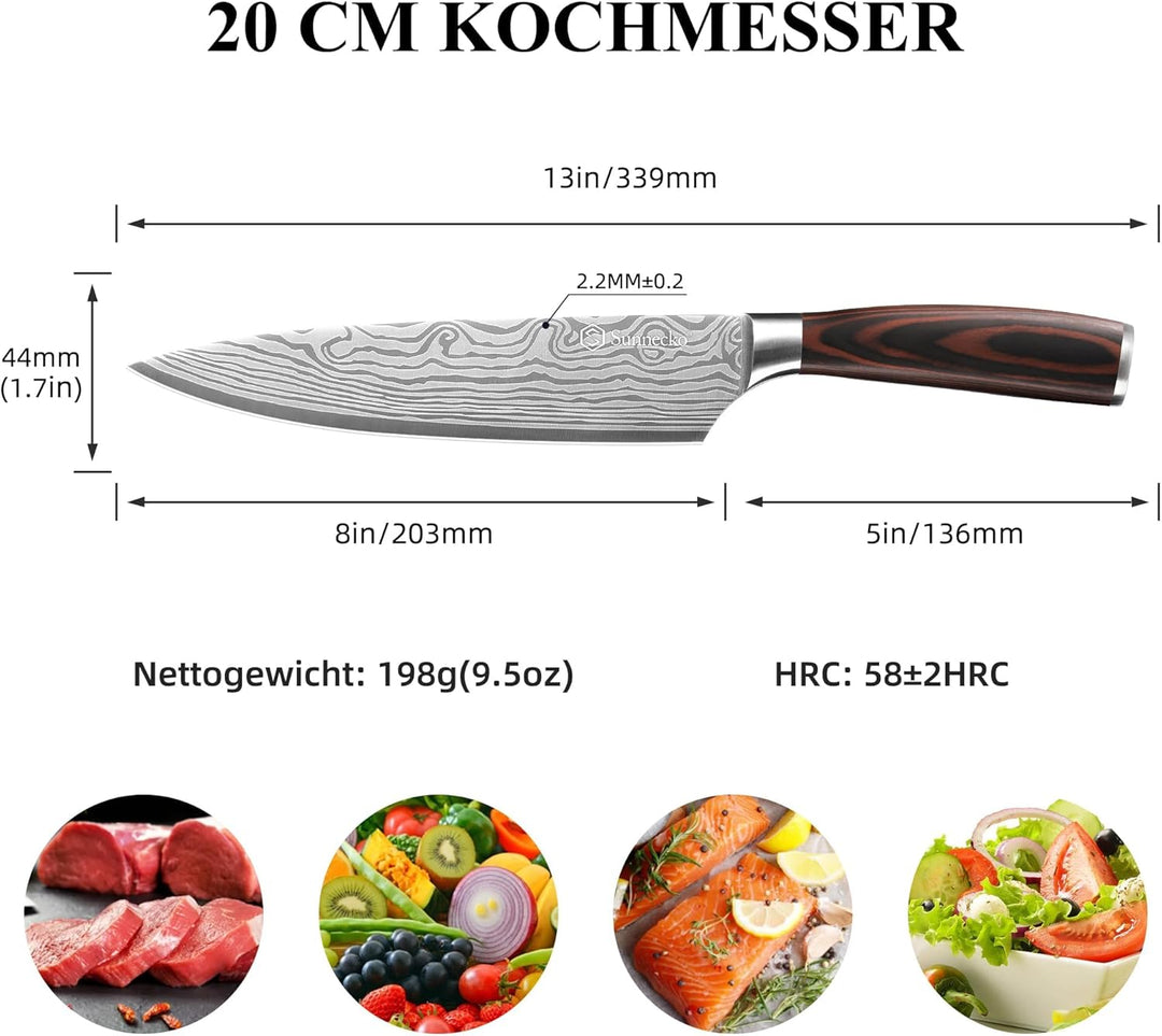 Sunnecko 20cm Kochmesser Deutschem Edelstahl Küchenmesser mit Pakkaholz Griff Allzweckmesser Küche S
