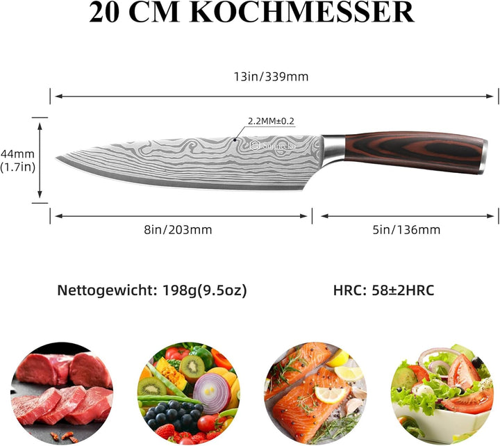 Sunnecko 20cm Kochmesser Deutschem Edelstahl Küchenmesser mit Pakkaholz Griff Allzweckmesser Küche S