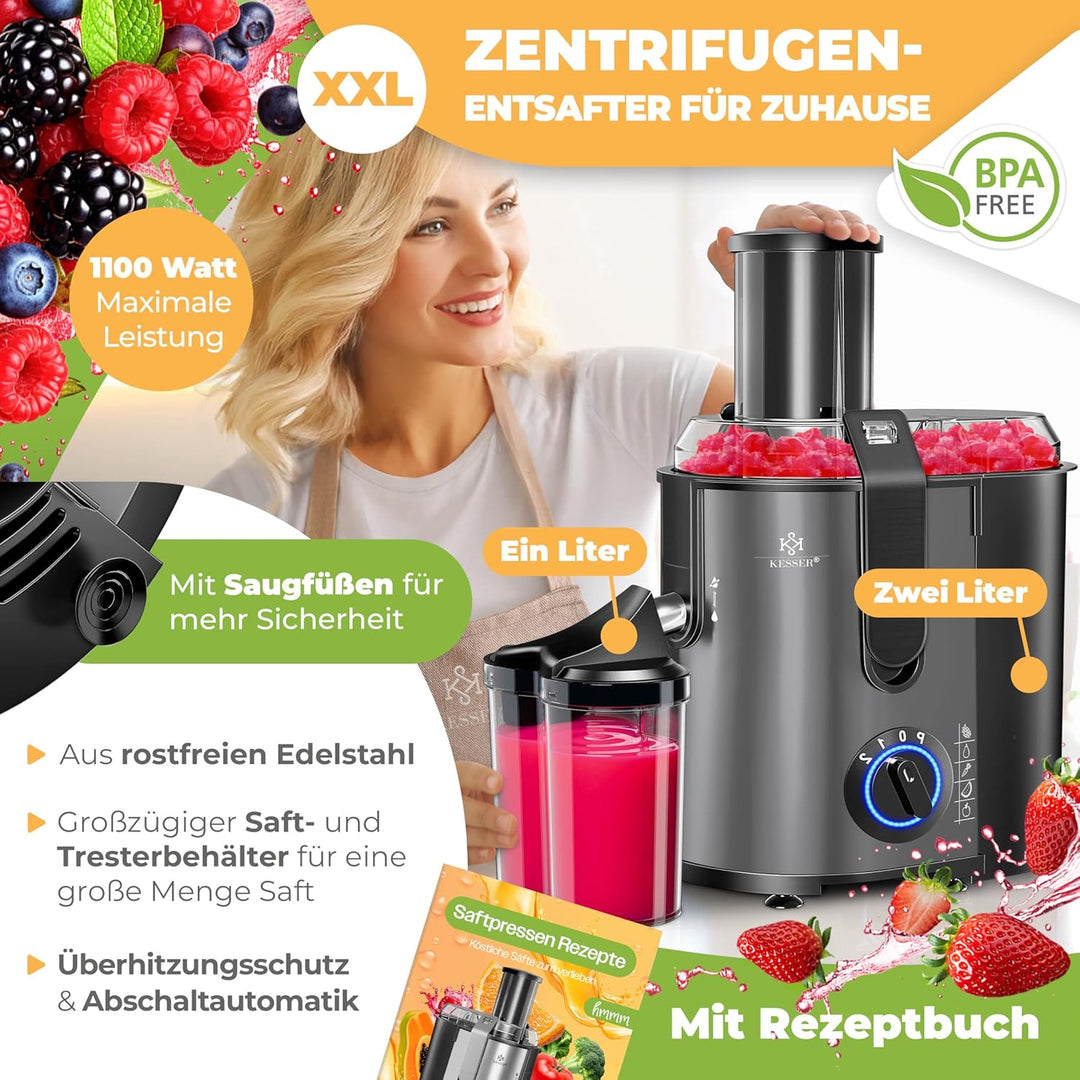 KESSER® Zentrifuge Entsafter für Obst | Gemüse aus Edelstahl 1100W, grosse Fütterungsröhre, 3 Stufen