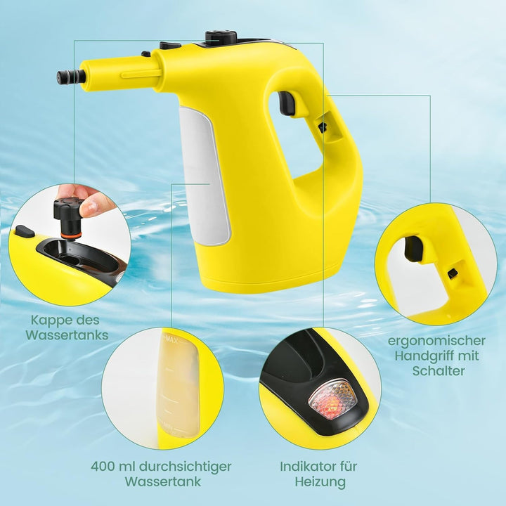 FANTASK 1500W Dampfreiniger bis zu 125℃ in Gelb, mit 400ML Tank, Aufheizzeit: 1 min, Dampfreiniger H