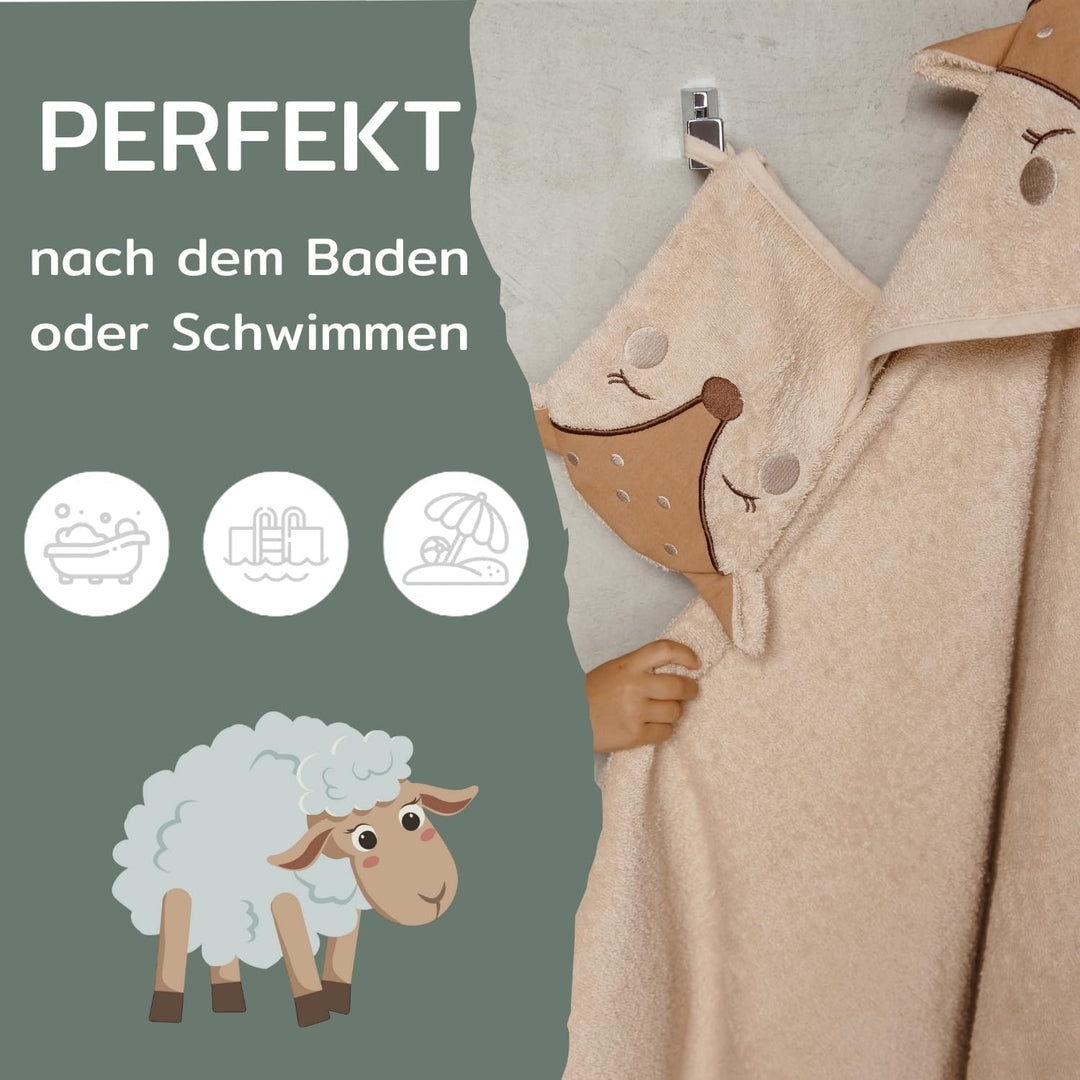 Babyhandtuch mit Kapuze und Waschlappen 100x100 cm – Handtuch Rentier aus 100% Baumwolle - REH Badet