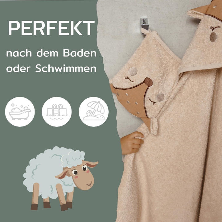 Babyhandtuch mit Kapuze und Waschlappen 100x100 cm – Handtuch Rentier aus 100% Baumwolle - REH Badet
