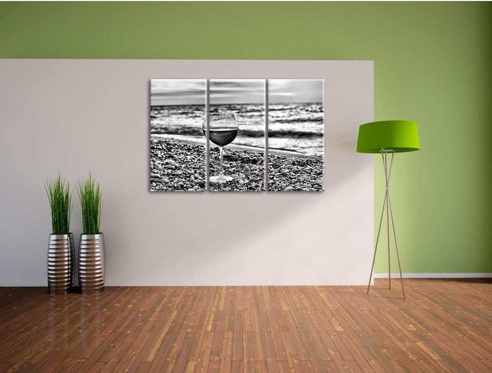 Pixxprint Monocrome, Weinglas am Steinstrand 3-Teiler Leinwandbild 120x80 Bild auf Leinwand