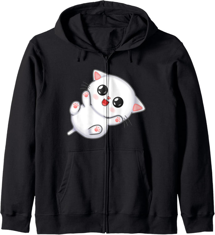 Big Eyed White Chibi Kitty Katze Kapuzenjacke