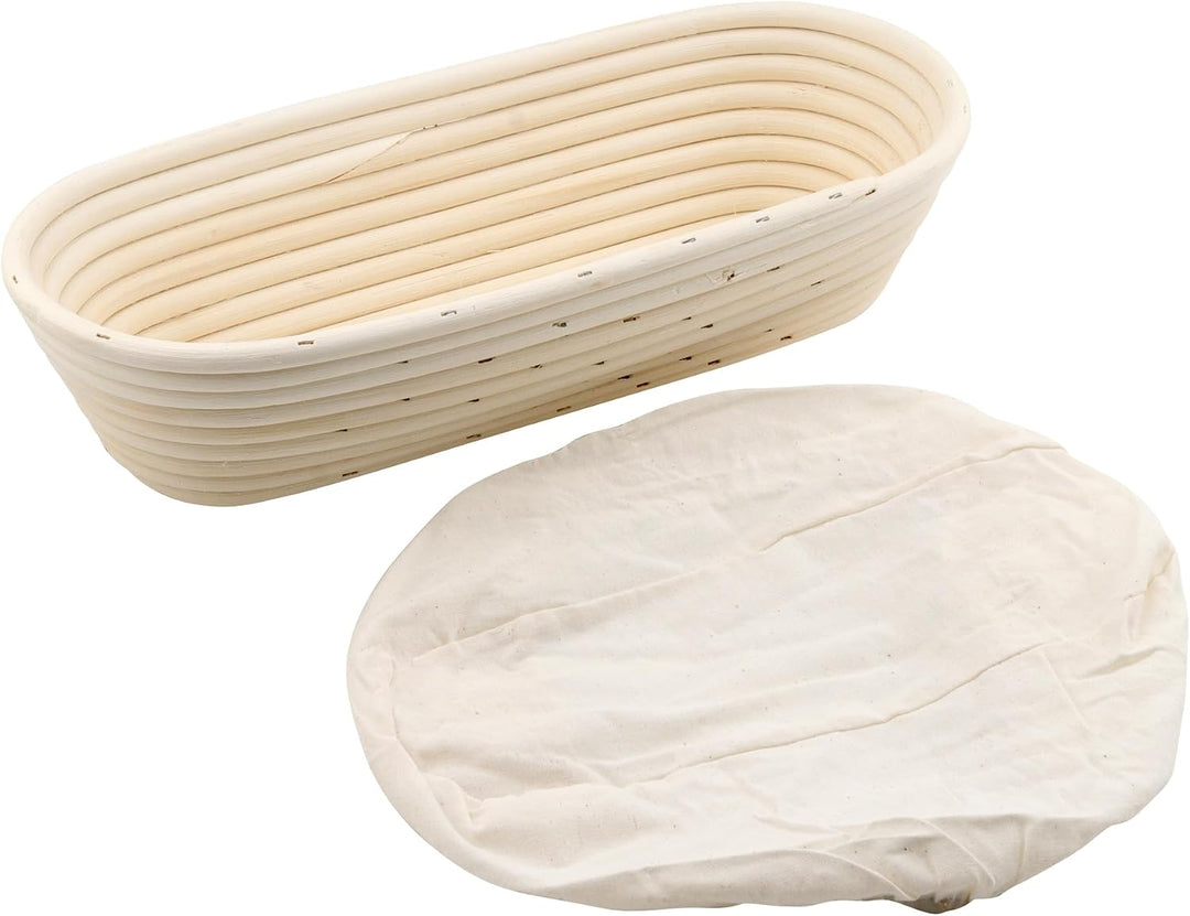 Ovaler Gärkorb 35x15x8 cm aus Rattan mit Leineneinsatz | Banneton Brotgärkörbchen für Sauerteig, nat