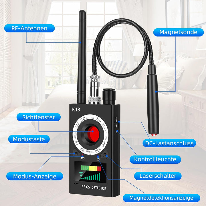 K18 Wanzen Detektor 4-in-1 Anti Spy Kamera &amp; GPS Scanner | RF 1MHz–6.5GHz detection · Magnetfeld &amp; G