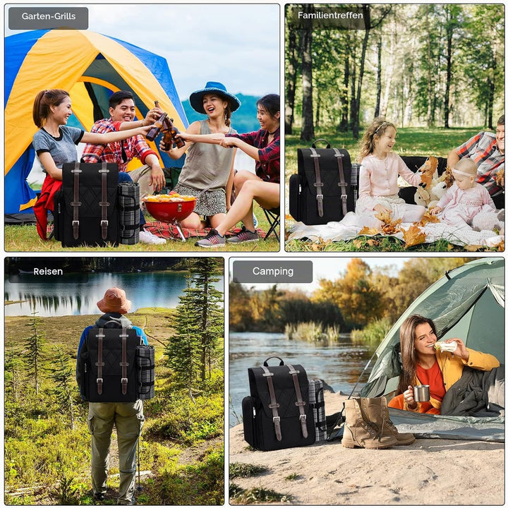 Picknick-Rucksack für 4 Personen mit grosser isolierter Kühltasche, Picknickkorb-Set mit Weinbeutel,