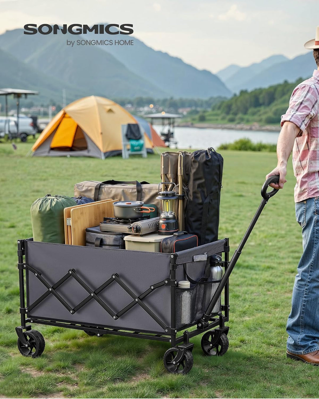 SONGMICS Kleiner Handwagen faltbar, Gartenwagen, kompakt, mit Griff | Mit 4 verstärkten Rollen, davo