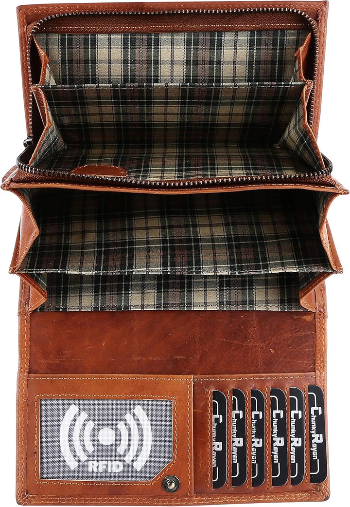 Chunkyrayan Damen Portemonnaie Echtleder XXL RFID Schutz inklusive Leder Schlüsselanhänger Braun, Br