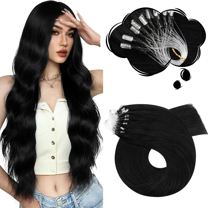 Moresoo Microring Extensions Echthaar Schwarz 1g/s 35cm Remy Extensions Echthaar mit Microrings Cold