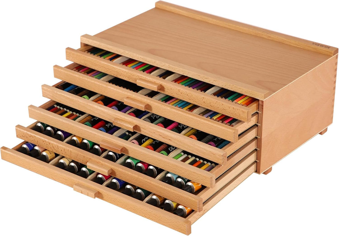 VISWIN 6-Schublade Holz Künstler Supply Storage Box mit abnehmbaren Trennwänden, Premium Buche Holz